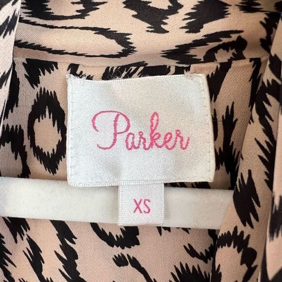 Parker Women’s XS Wrap Surplice Leopard Print Midi Dress Sleeveless 100% Silk - Picture 9 of 12